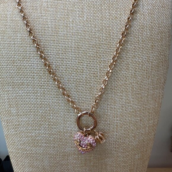 Juicy Couture Gold Tone Heart & Crown Charm Necklace With Pink Rhinestones - Picture 4 of 12